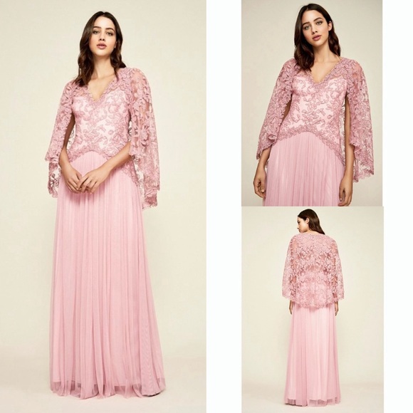 TADASHI SHOJI Embroidered Lace Cape Dress in Rose Quartz (Altered) - Picture 11 of 11